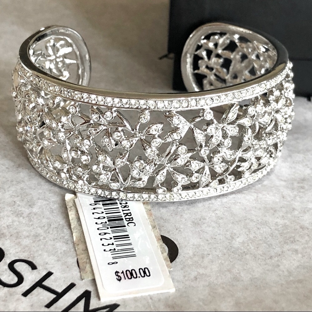 Rhinestone Cuff  Bracelet Silver Tone Crystals Floral Wedding